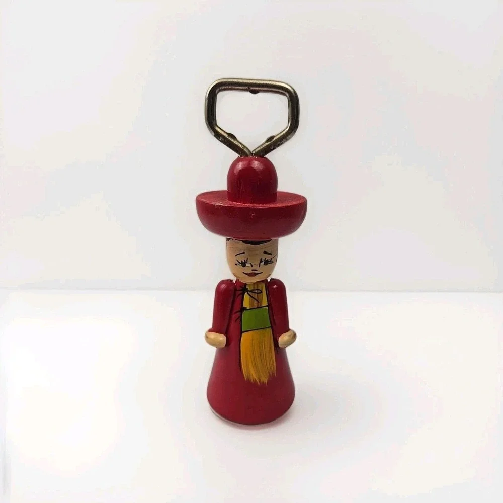 Vintage Mexican Folk Art Wooden Bottle Opener Woman Barware‎ Souvenir Decor